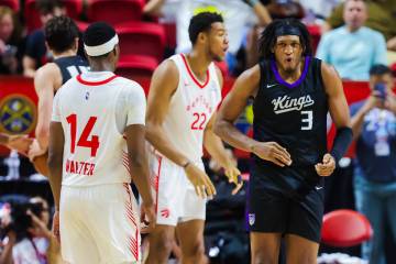 Sacramento Kings forward Isaac Jones (3) celebrates a basket during an NBA Summer League semifi ...