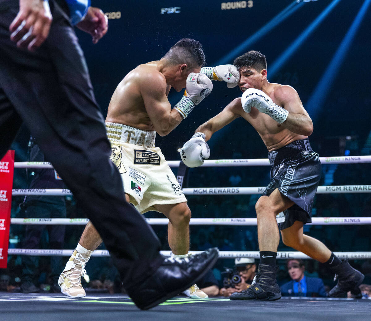 Isaac Cruz connects with a shot to the face of Omar Salcido during their interim WBC super ligh ...