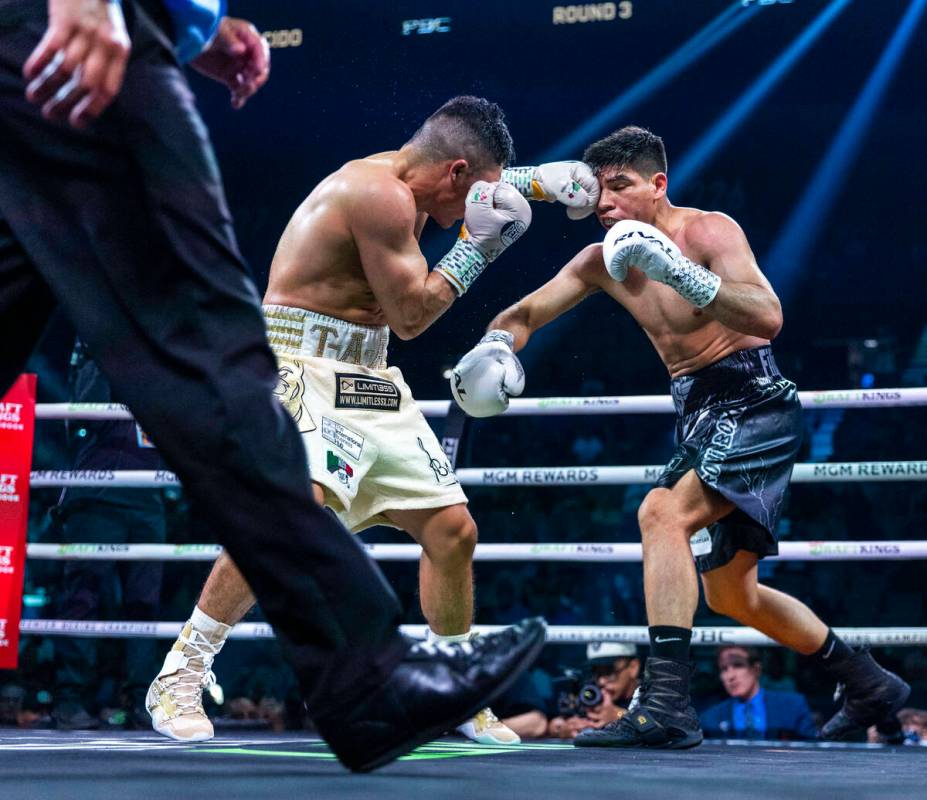 Isaac Cruz connects with a shot to the face of Omar Salcido during their interim WBC super ligh ...