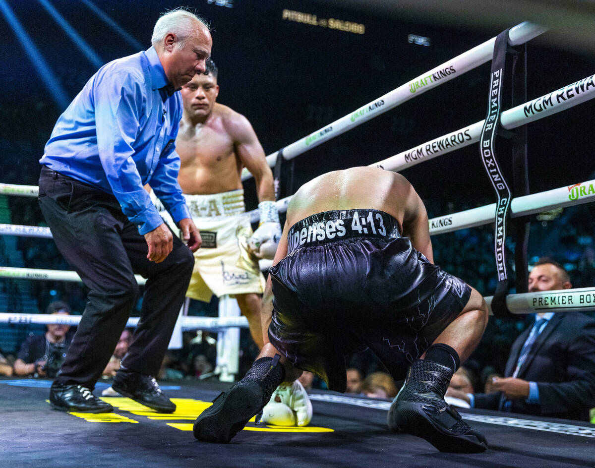Isaac Cruz looks to Omar Salcido doubled over in the corner during their interim WBC super ligh ...