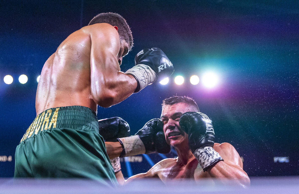 Sebastian Fundora connects to the chin of Tim Tszyu during their WBC super welterweight champio ...