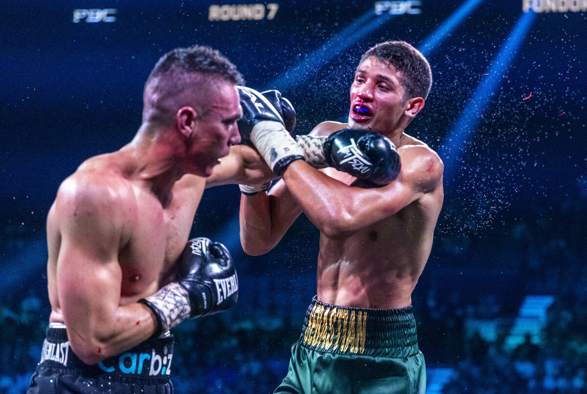 Tim Tszyu and Sebastian Fundora trade punches during their WBC super welterweight championship ...