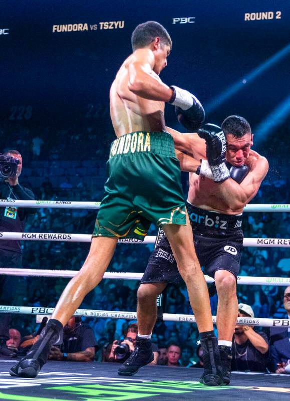 Sebastian Fundora connects to the chin of Tim Tszyu during their WBC super welterweight champio ...