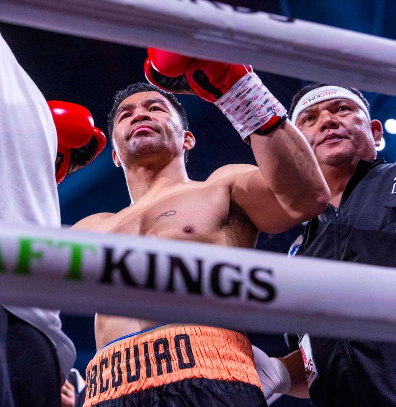 Manny Pacquiao arrives to battle Mario Barrios during their WBC welterweight championship fight ...