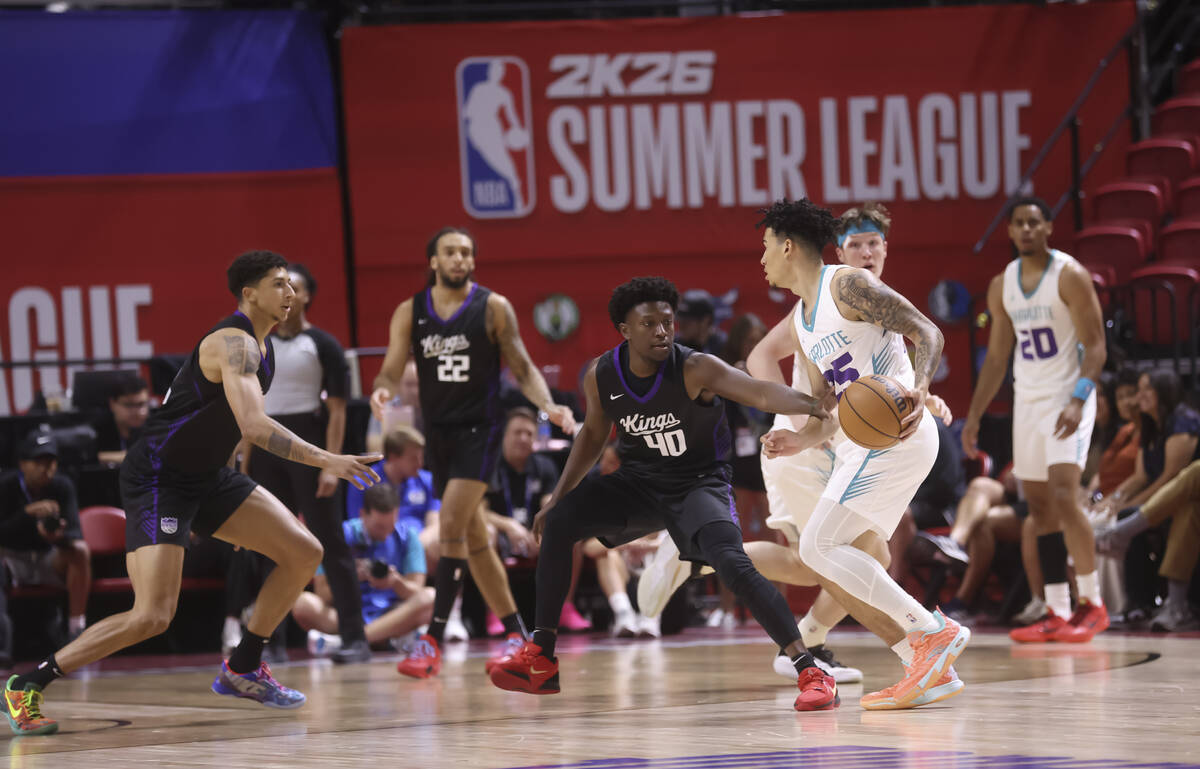 Charlotte Hornets guard K.J. Simpson (25) brings the ball up court against Sacramento Kings gua ...