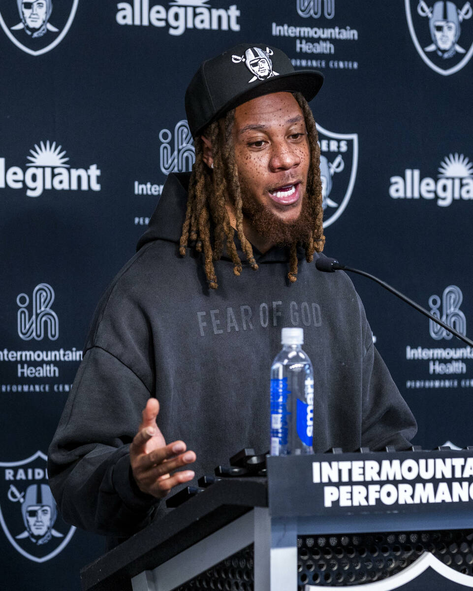 Cornerback Eric Stokes answers a question during his initial interview with the press at the Ra ...