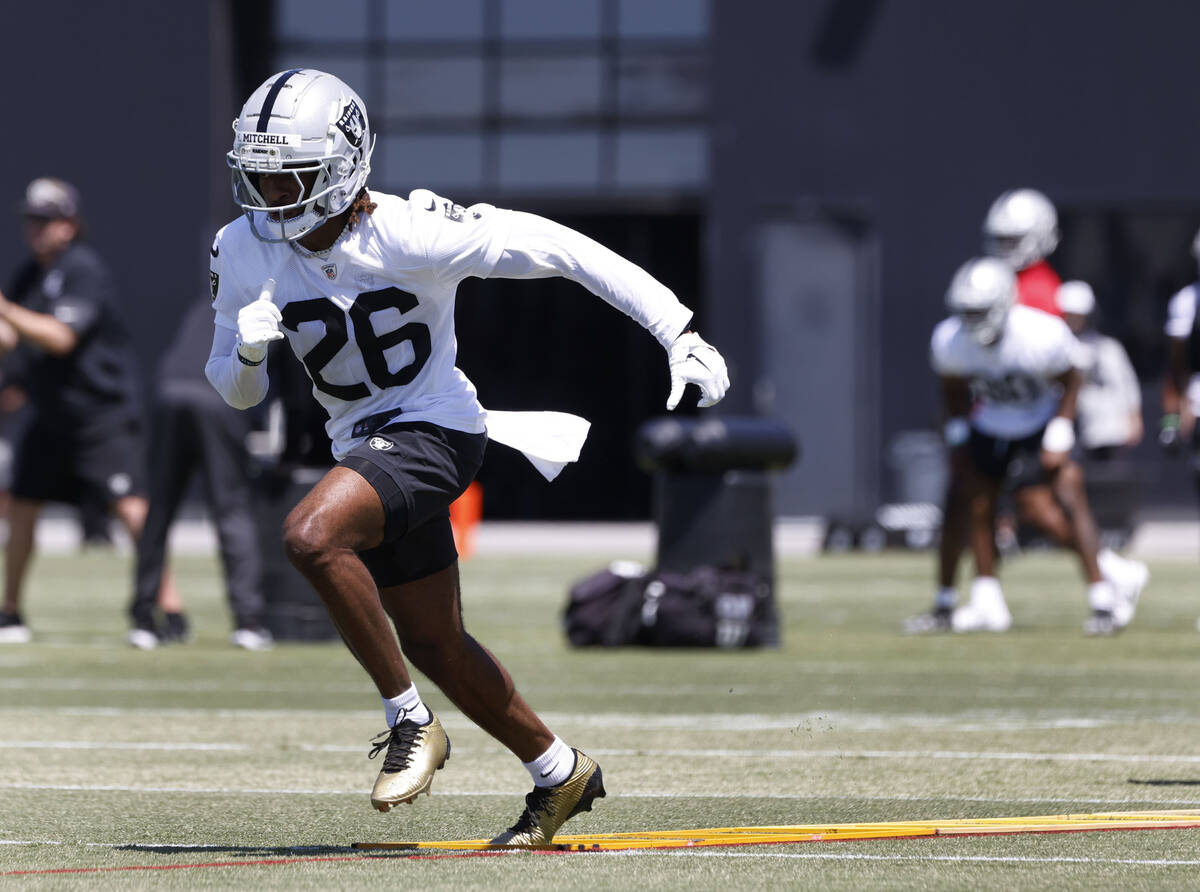 Raiders center back Darien Porter (26) goes through a drill during the 2025 rookie mini camp at ...