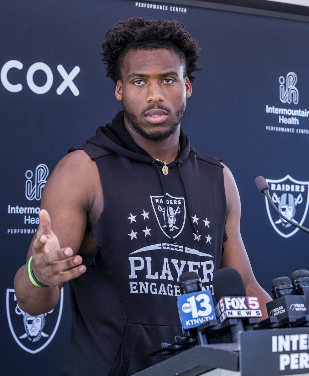 Raiders defensive end Malcolm Koonce (51) speaks to the media during Raiders OTA practice at th ...