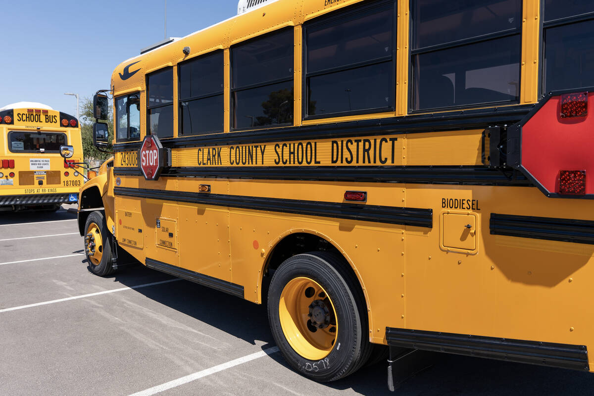 School buses sit outside of Reynaldo L. Martinez Elementary School in Las Vegas July 22, 2025. ...