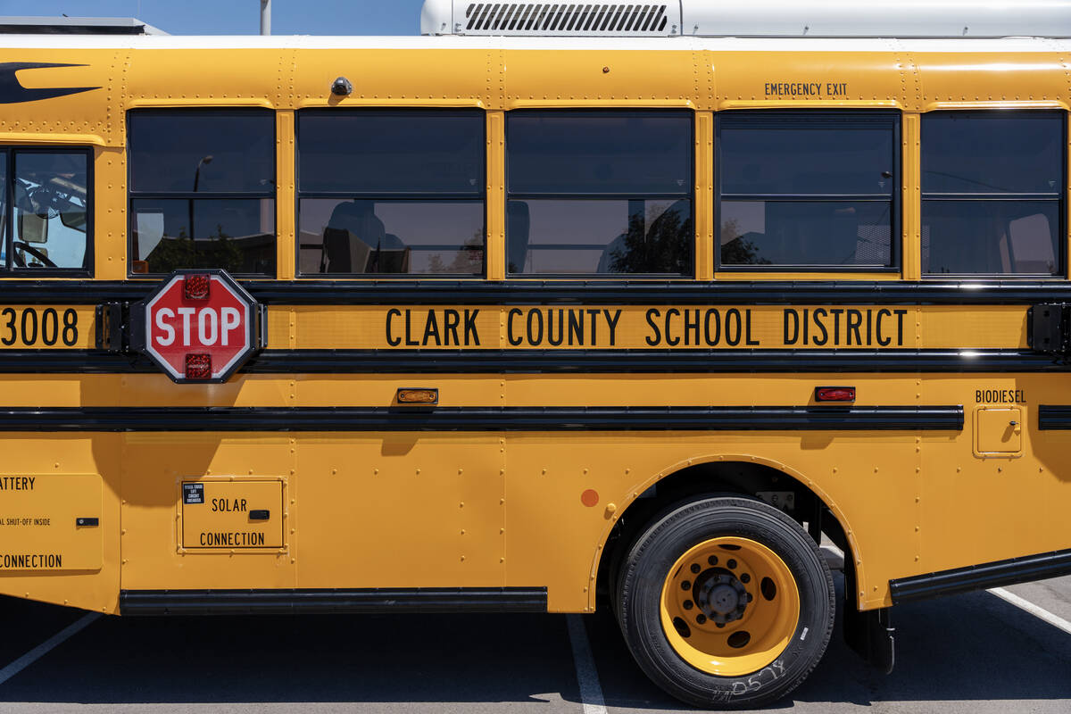 School buses sit outside of Reynaldo L. Martinez Elementary School in Las Vegas July 22, 2025. ...