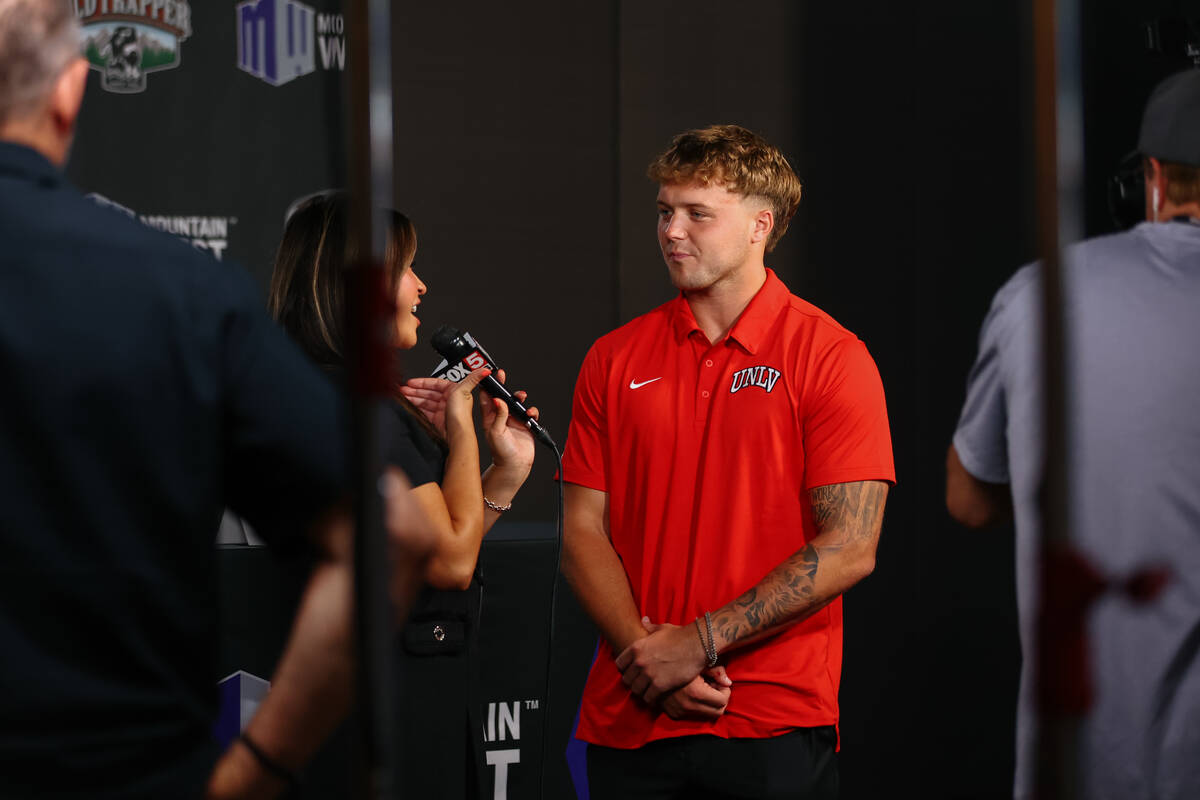 UNLV’s Jake Pope speaks to reporters at Mountain West Media Days on Wednesday, July 16, ...