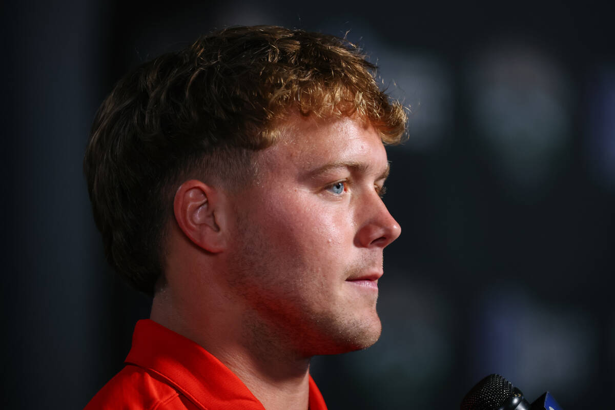 UNLV’s Jake Pope speaks to reporters at Mountain West Media Days on Wednesday, July 16, ...