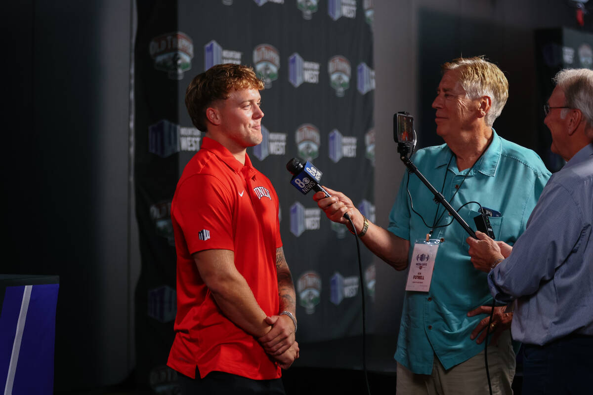 UNLV’s Jake Pope speaks to reporters at Mountain West Media Days on Wednesday, July 16, ...