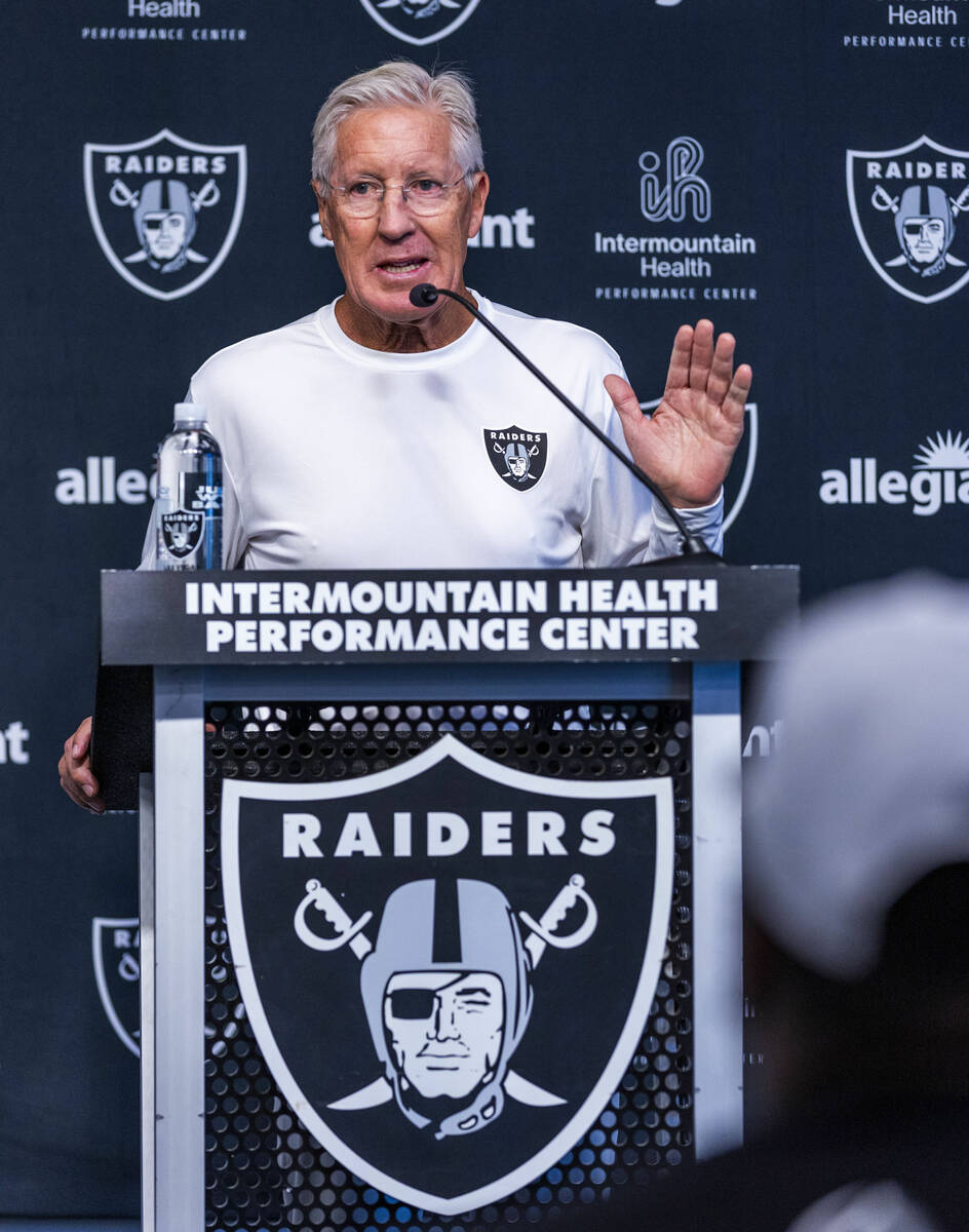 Raiders head coach Pete Carroll speaks during a press conference at the Intermountain Health Pe ...