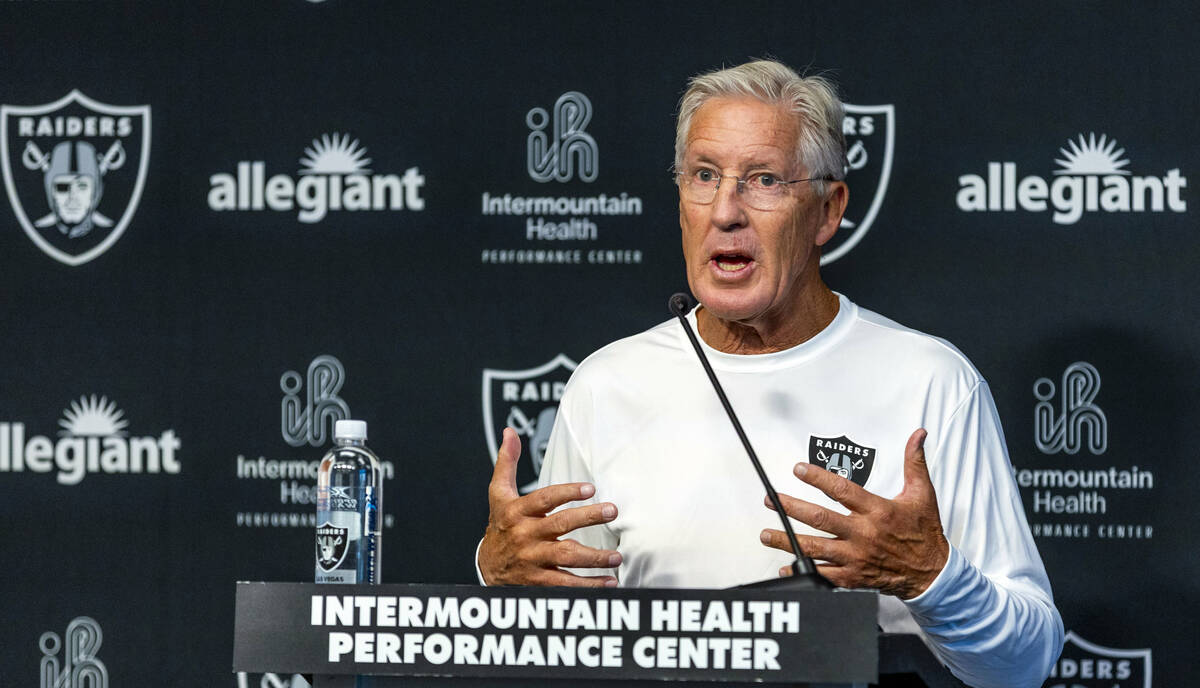 Raiders head coach Pete Carroll speaks during a press conference at the Intermountain Health Pe ...