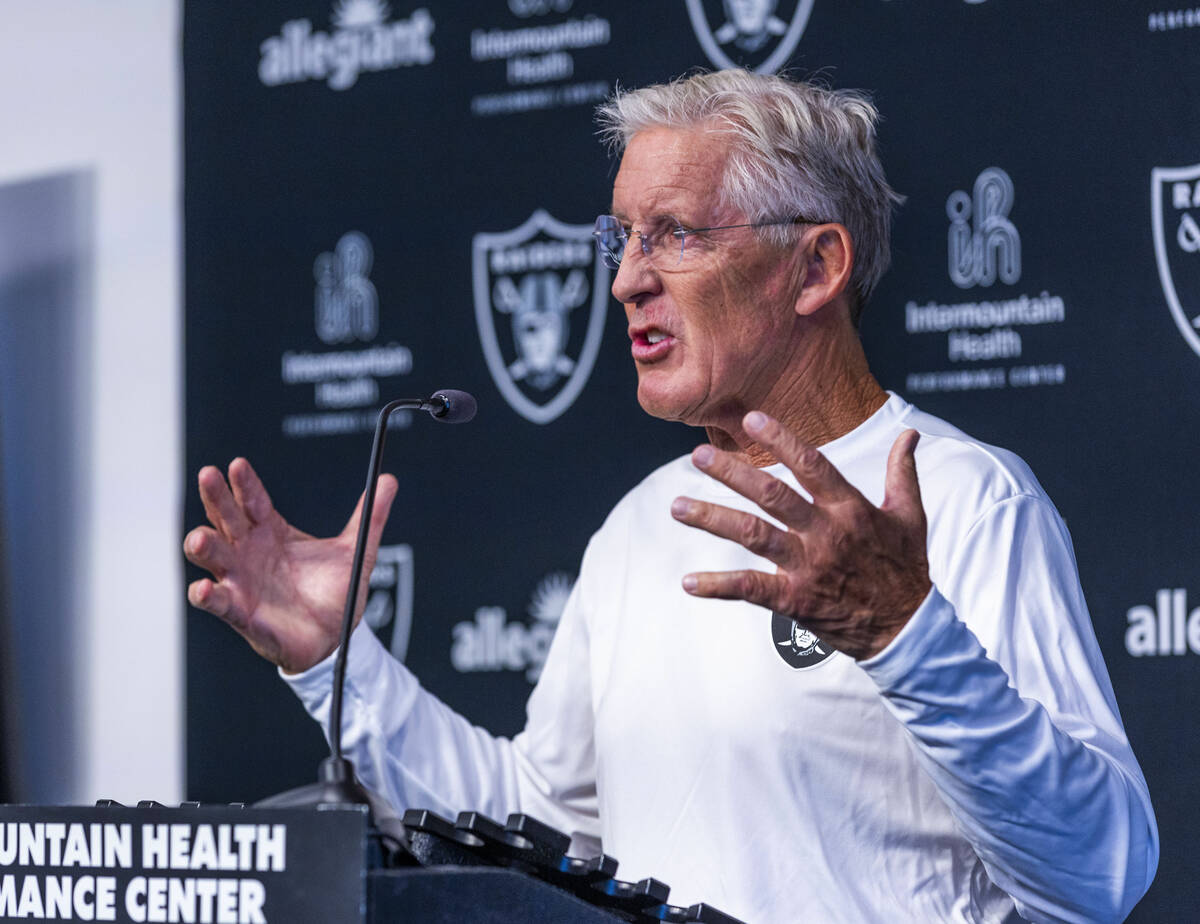 Raiders head coach Pete Carroll speaks about the aggressive nature of play during a press confe ...