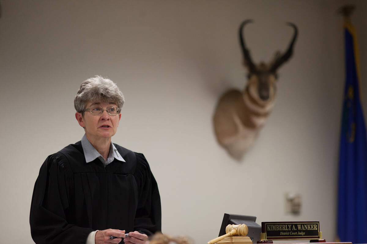 Kimberly Wanker presides in Esmeralda County Fifth Judicial Court in Goldfield, Nev. on Tuesday ...