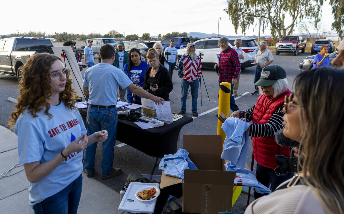 Attendees gather outside the Amargosa Valley Community Center for a rally before the BLM conduc ...
