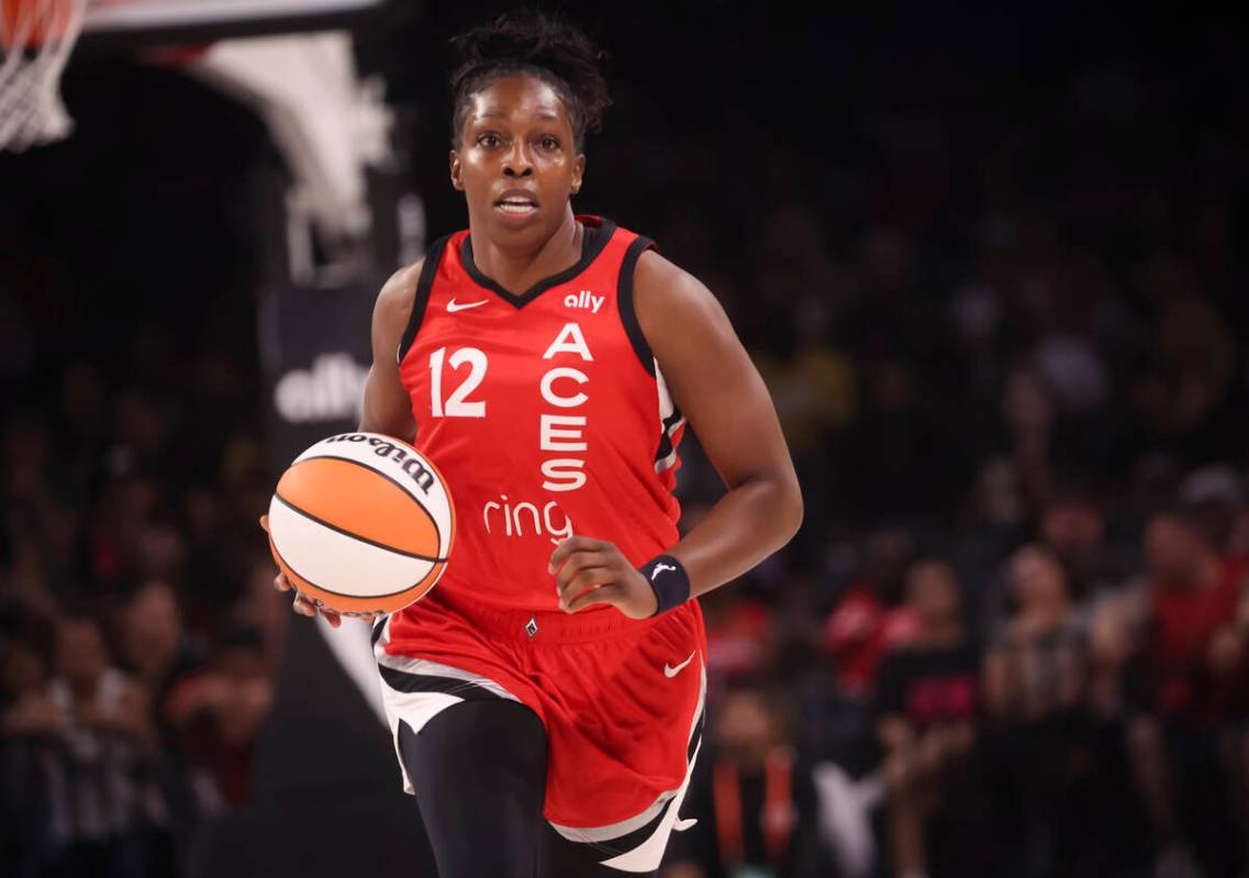 Aces guard Chelsea Gray (12) brings the ball up court against the Atlanta Dream during the firs ...
