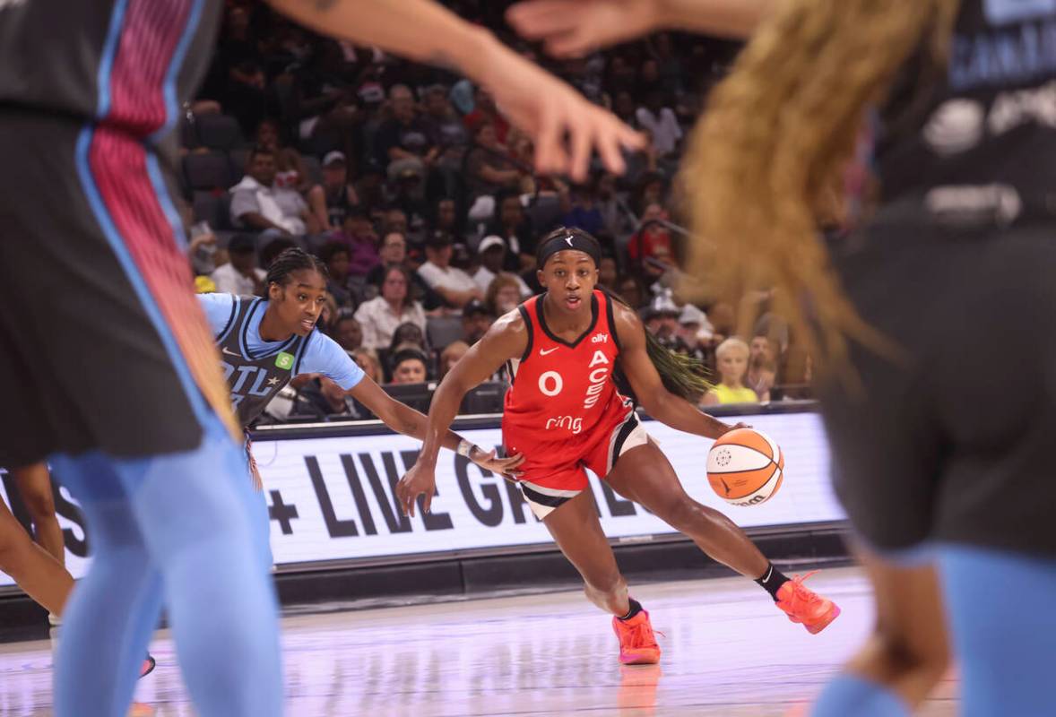 Aces guard Jackie Young (0) drives to the basket against the Atlanta Dream during the first hal ...