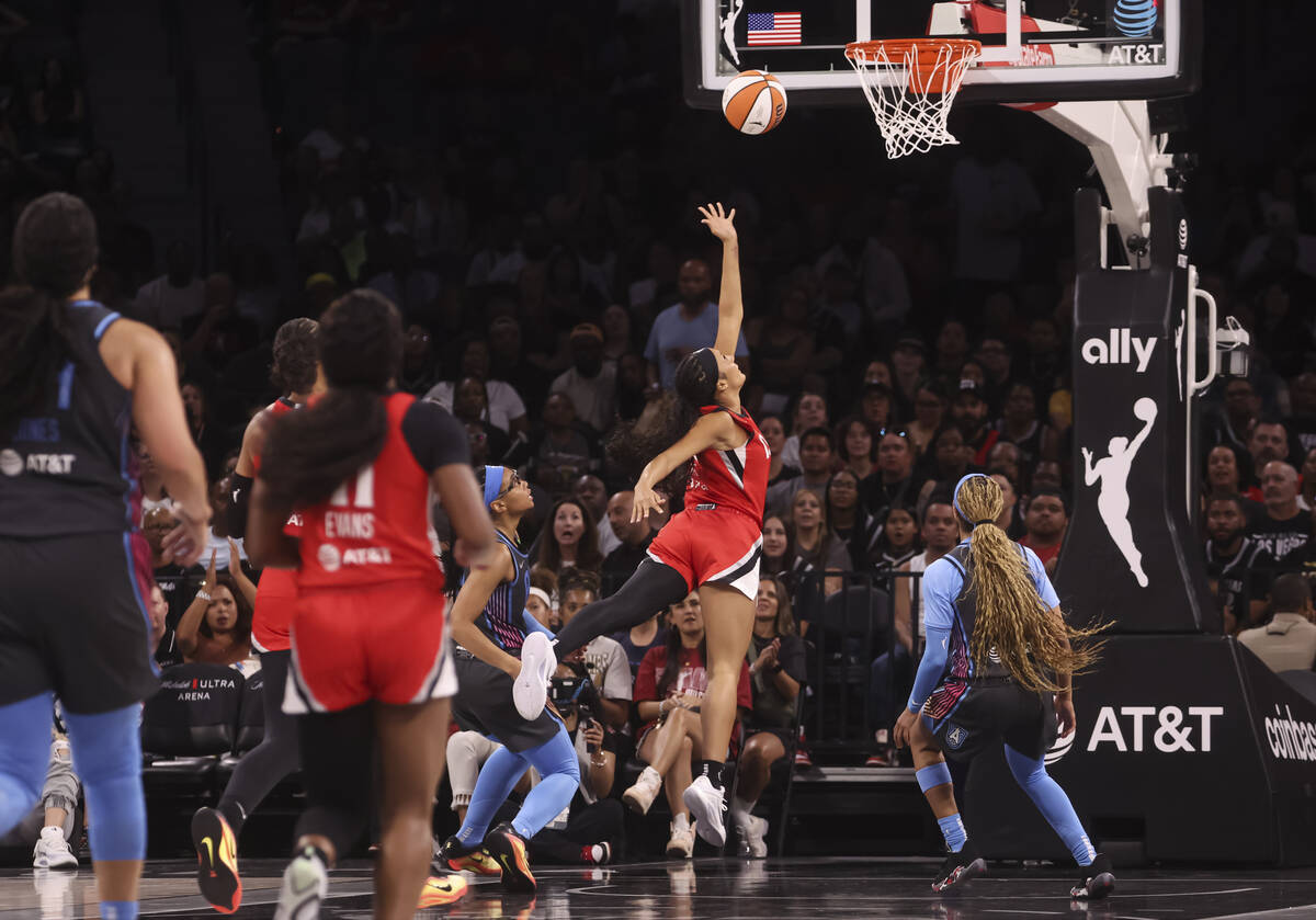 Aces guard Aaliyah Nye (13) lays up the ball against the Atlanta Dream during the second half o ...