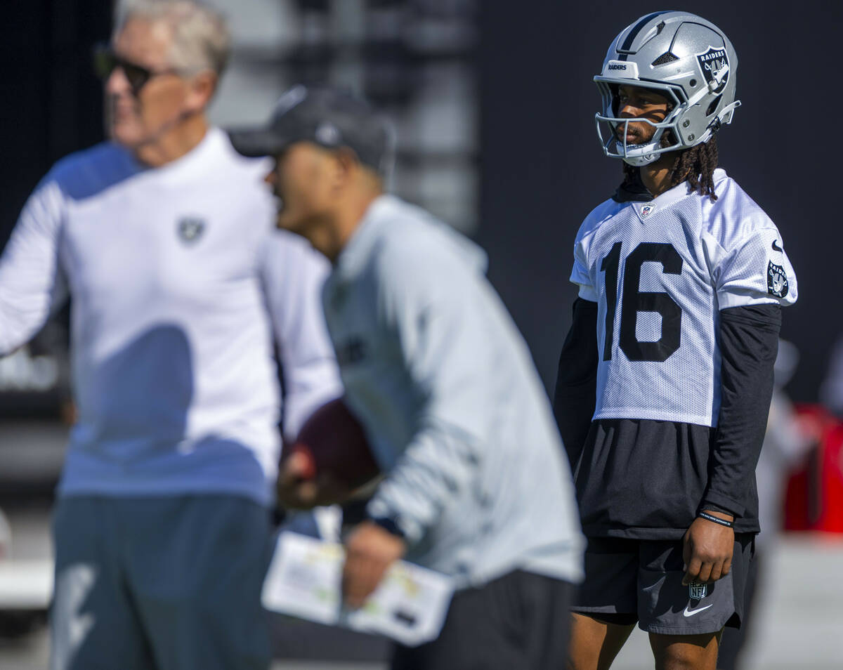 Raiders wide receiver Jacob Meyers (16) watches a drill during the first day of training camp o ...