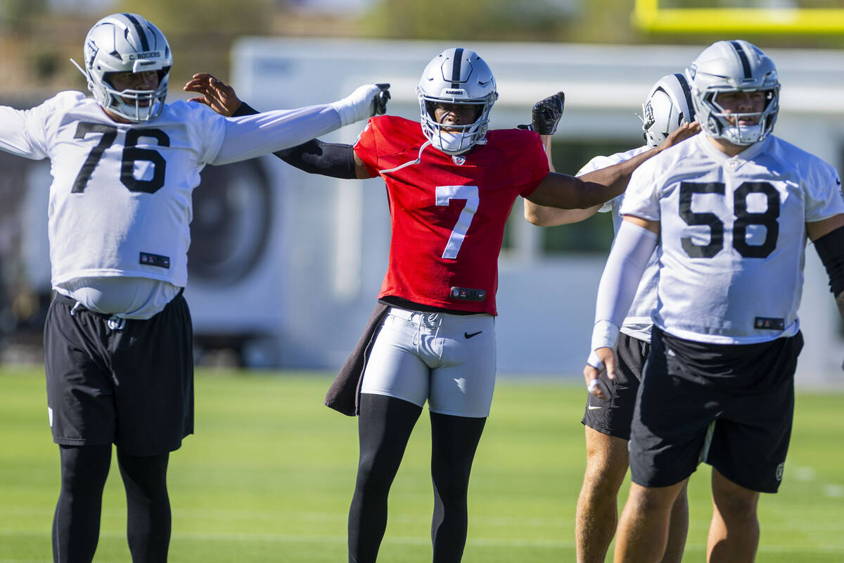 Raiders quarterback Geno Smith (7) warms up with teammates during the first day of training cam ...