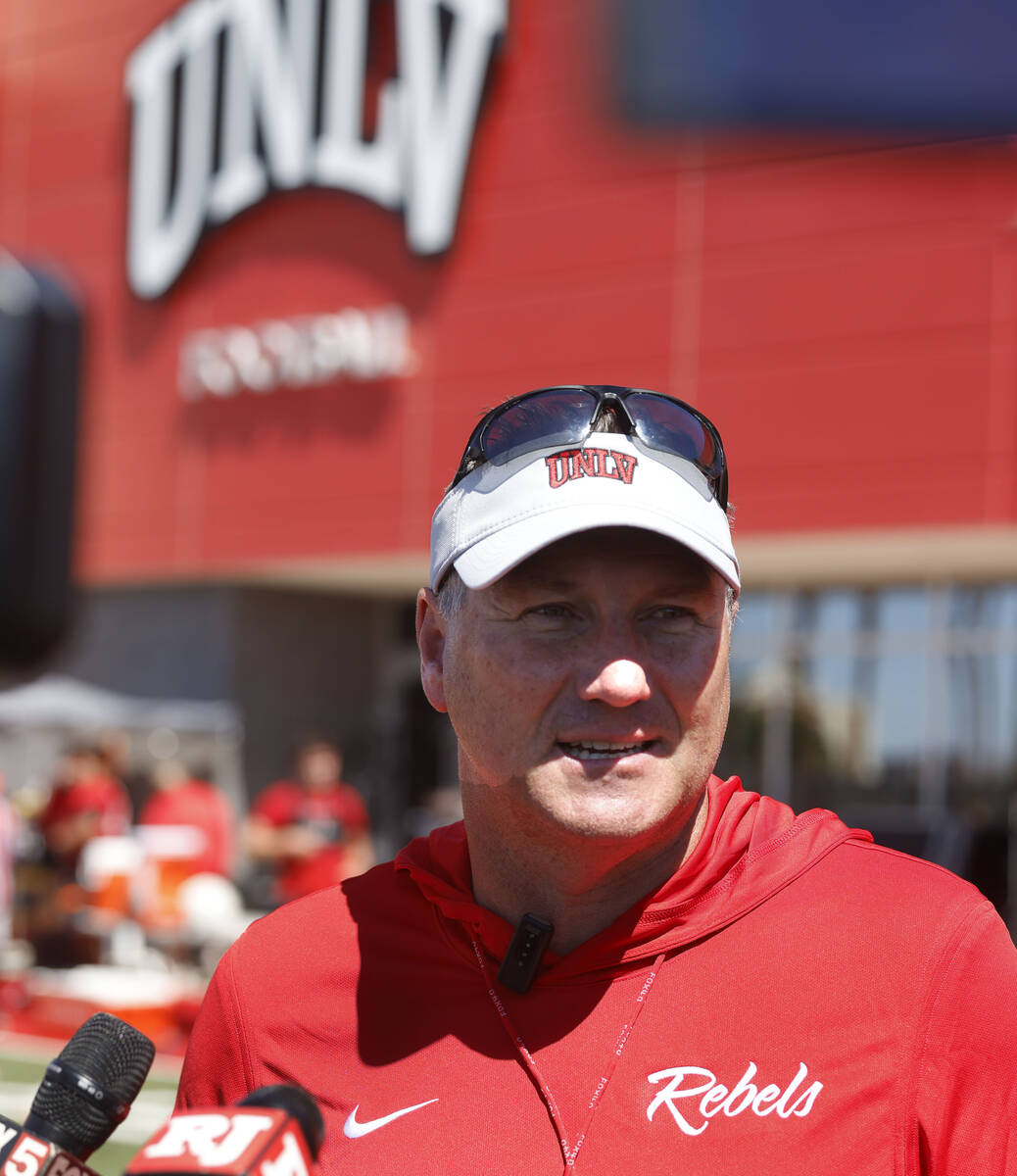 UNLV football head coach Dan Mullen addreses the media after the first day of football camp at ...