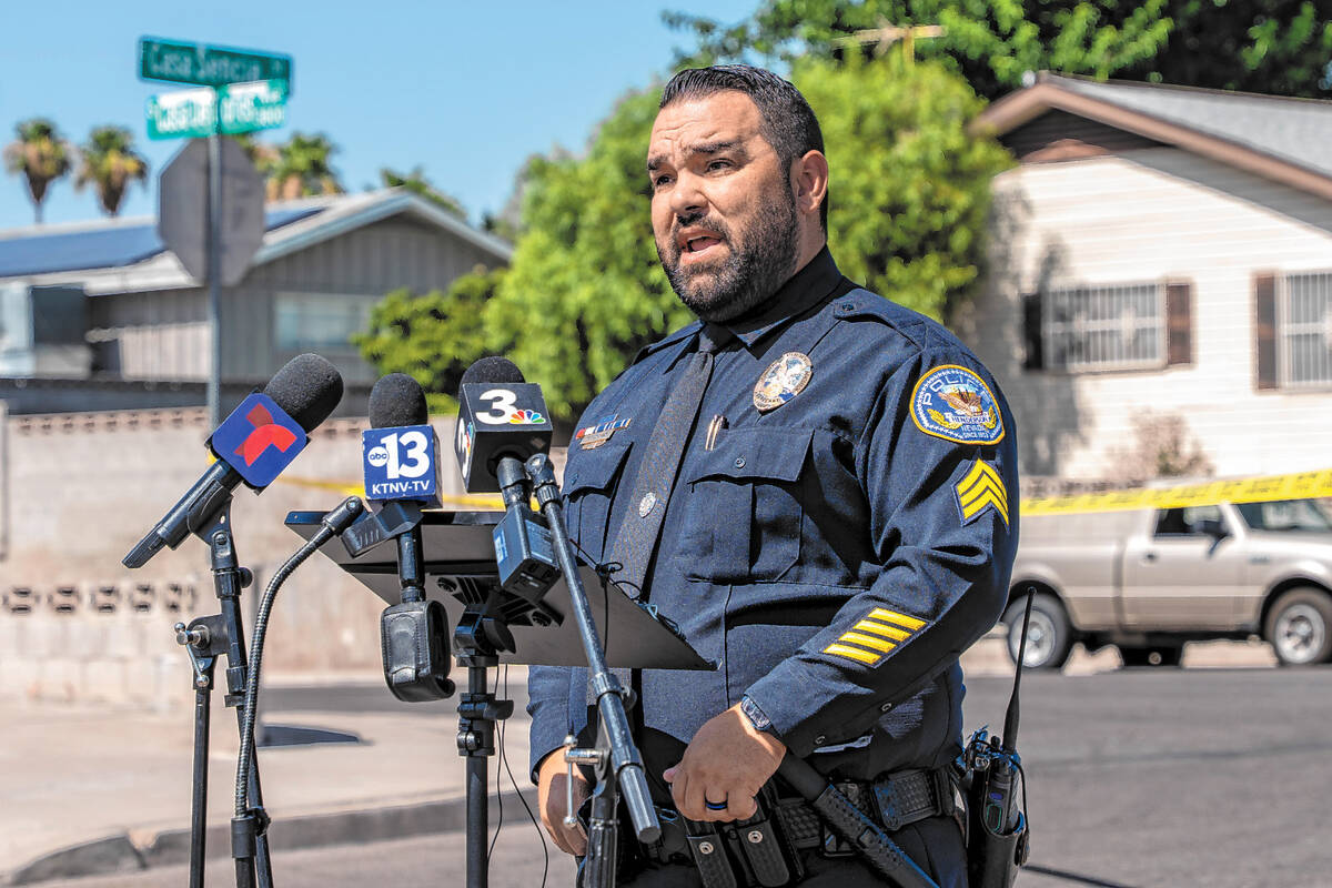 Henderson Police Department Sgt. Daniel Medrano delivers updates about the officer-involved sho ...