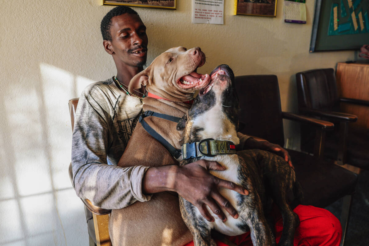 Jason “Turtle” Franklin sits in the HOA office with his dogs at Paradise Spa on Wednesday, ...