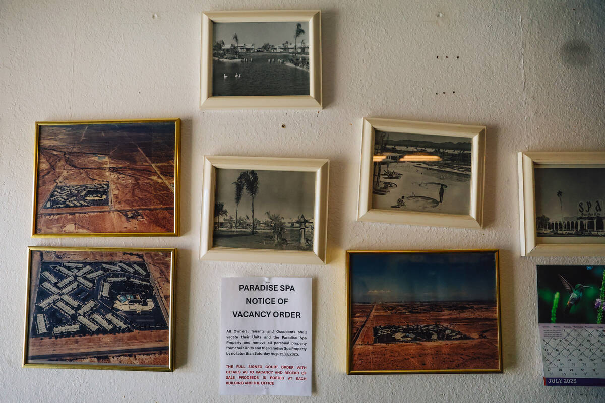 A notice for all tenants to vacate their apartments is surrounded by old photographs of Paradis ...