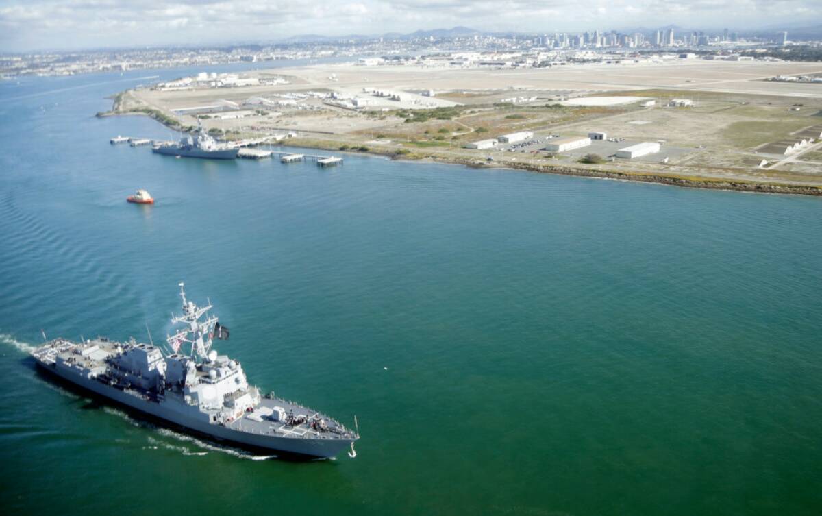 The guided-missile destroyer USS Stockdale leaves Naval Base Coronado Wednesday, Jan. 20, 2016, ...