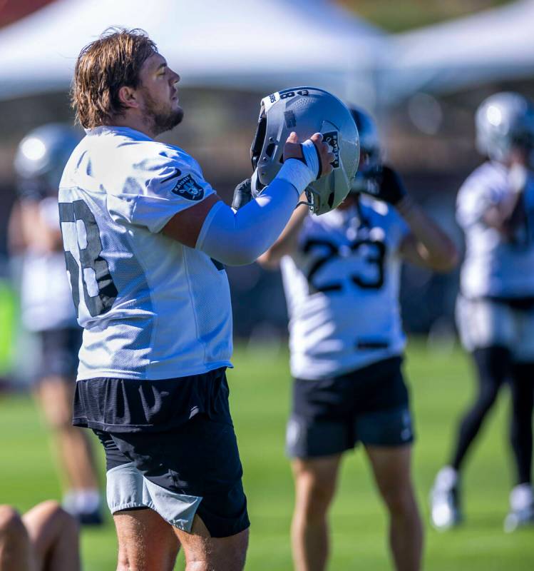 Raiders guard Jackson Powers-Johnson (58) readies for drills on the second day of training camp ...