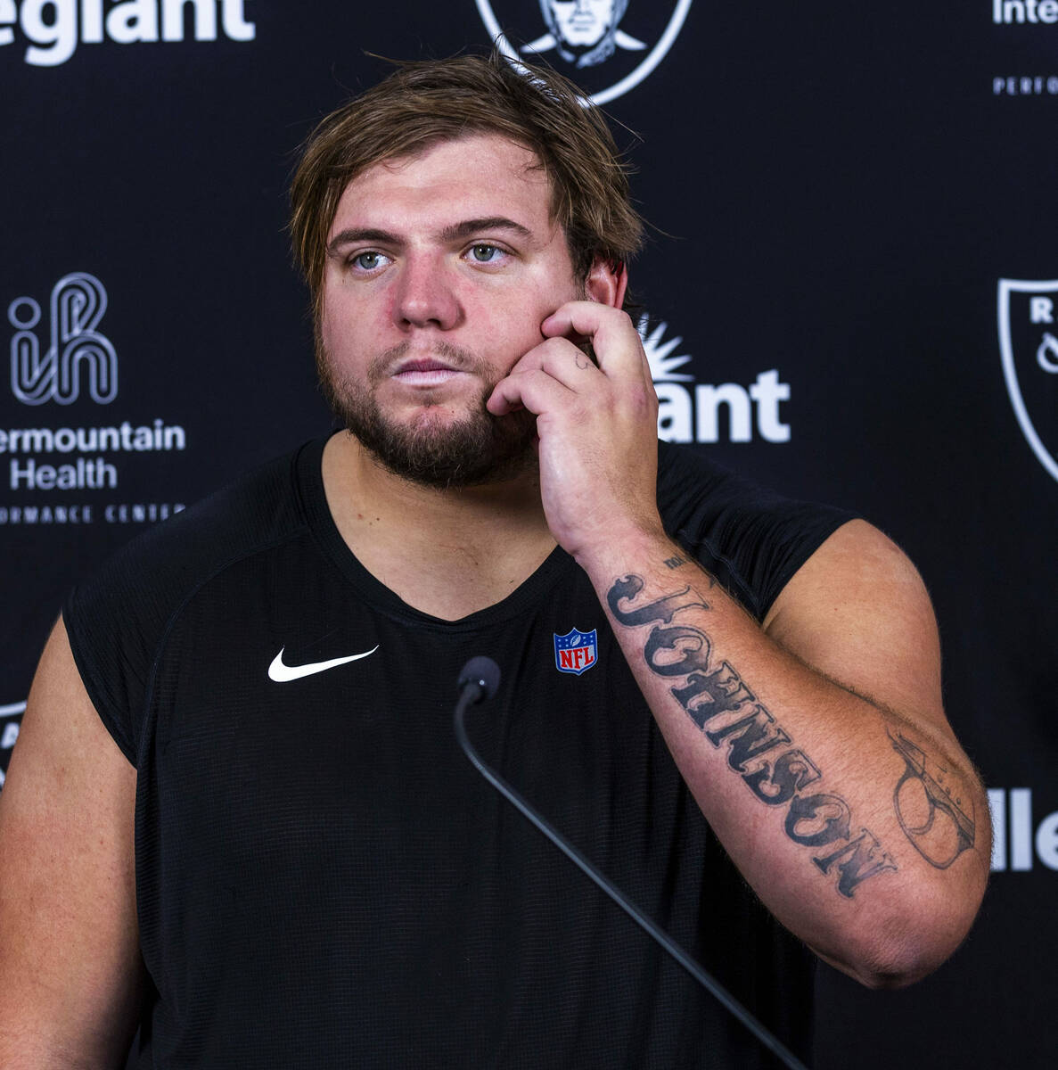 Raiders guard Jackson Powers-Johnson (58) considers a question during an interview on the secon ...