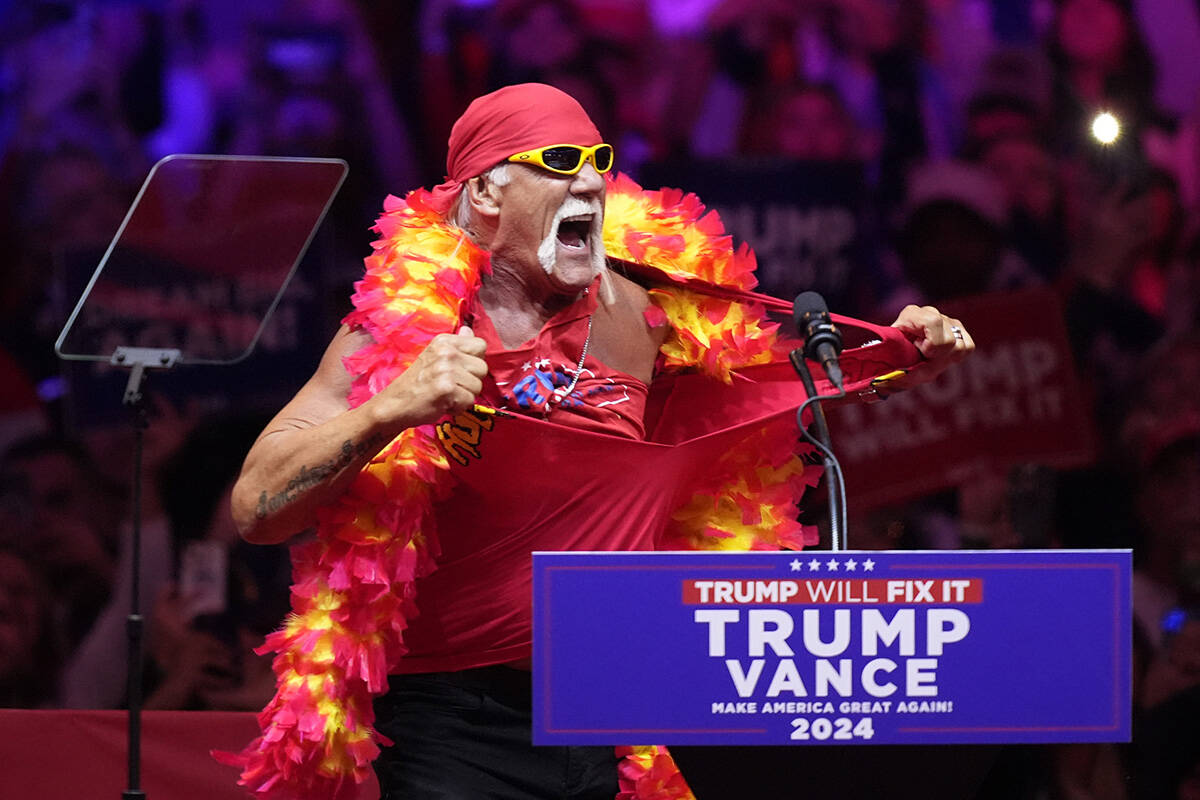 Hulk Hogan speaks before Republican presidential nominee former President Donald Trump at a cam ...