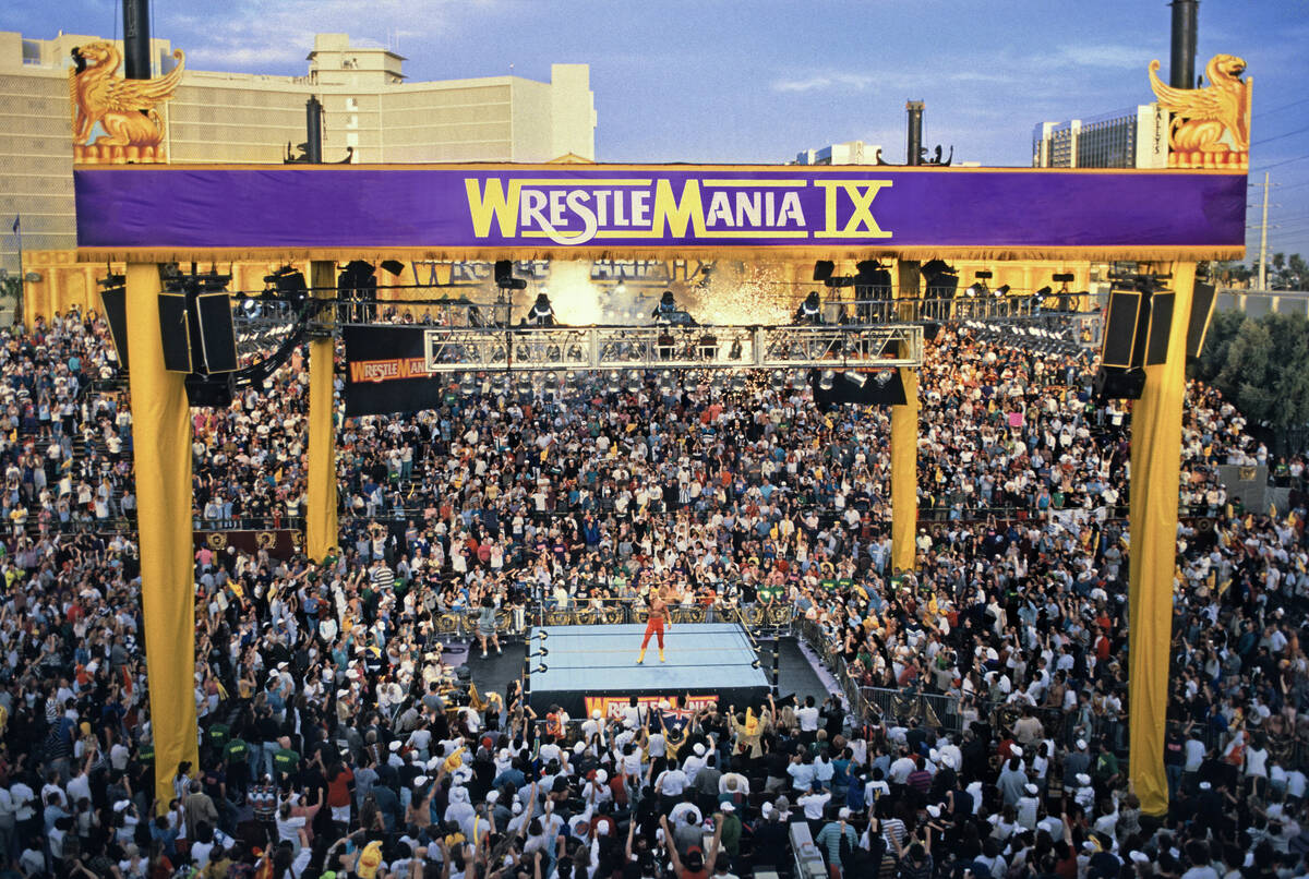 Hulk Hogan celebrates inside the Roman colosseum the WWF created at Caesars Palace during Wrest ...