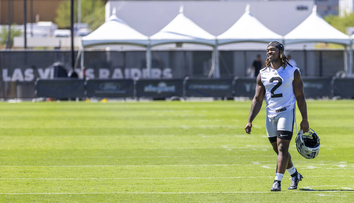 Raiders running back Ashton Jeanty (2) walks off the field for an interview on the second day o ...