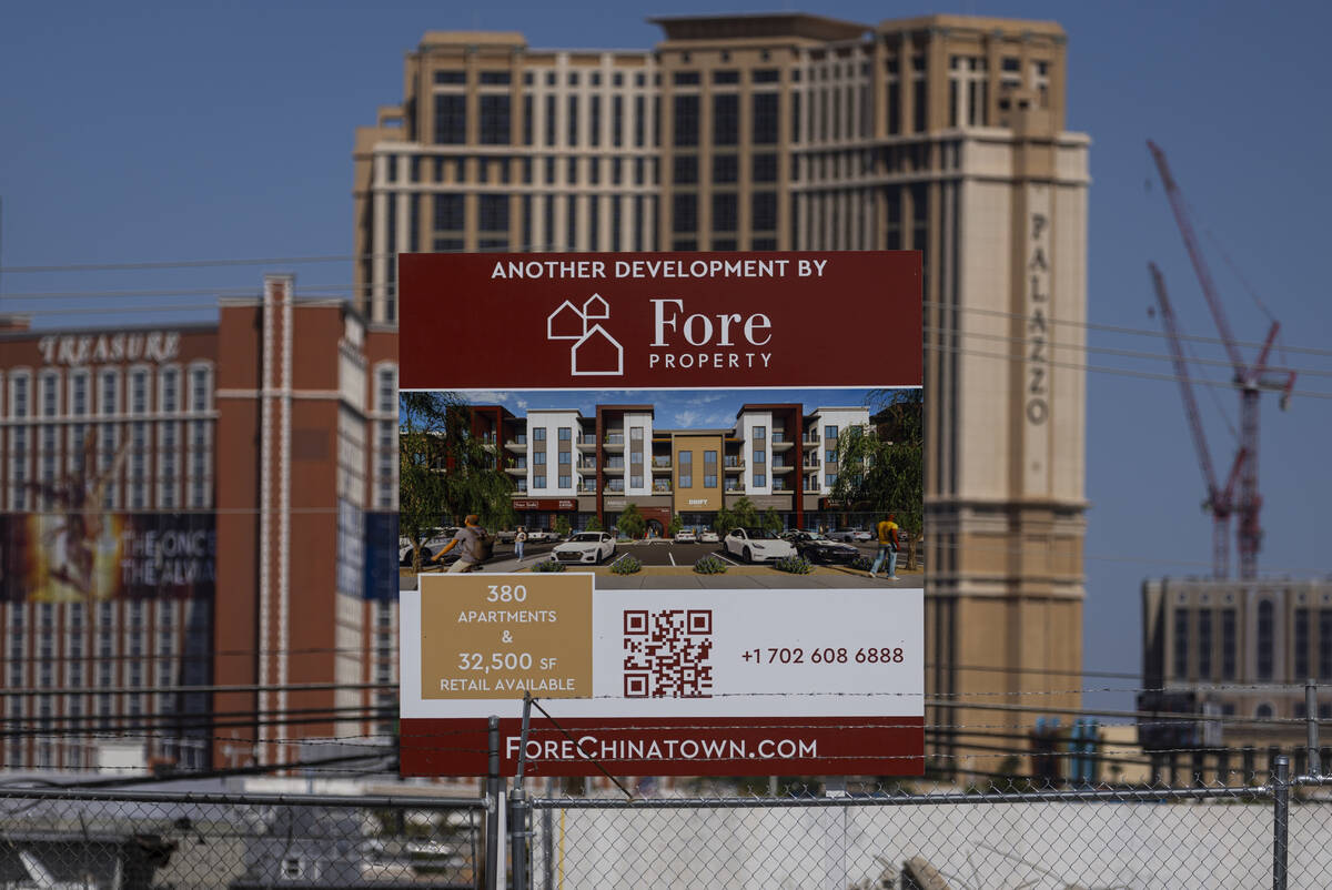 Signage for a future apartment project from Fore Property is seen at 3640 S. Valley View Blvd. ...