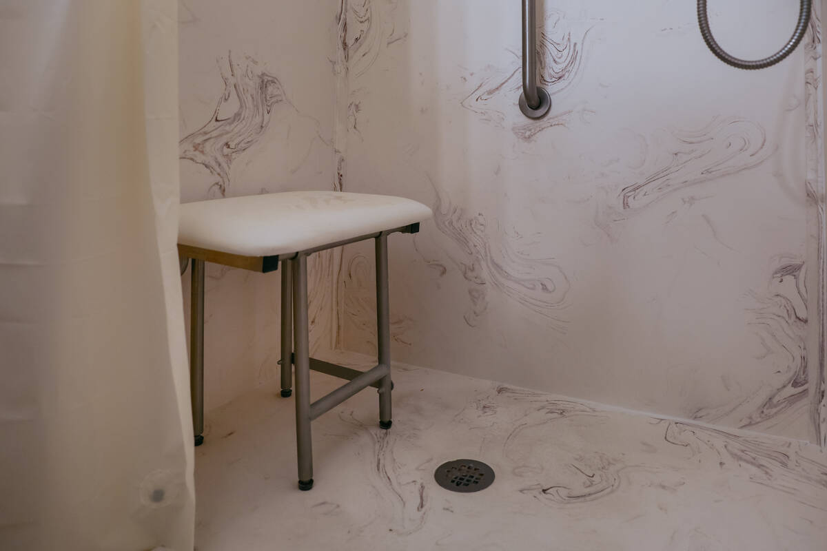 The walk-in shower in Michael Chapman’s home on Thursday, July 24, 2025 in Las Vegas. Chapman ...