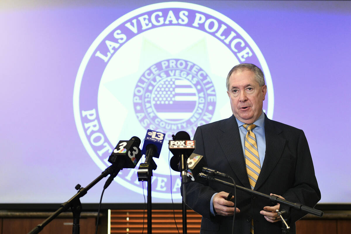 Las Vegas Police Protective Association General Counsel David Roger speaks about a grand jury d ...