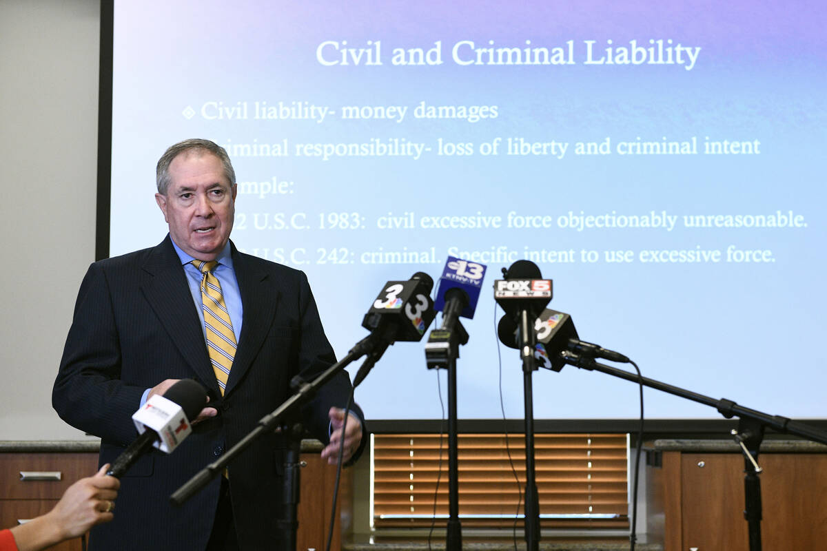Las Vegas Police Protective Association General Counsel David Roger speaks about a grand jury d ...
