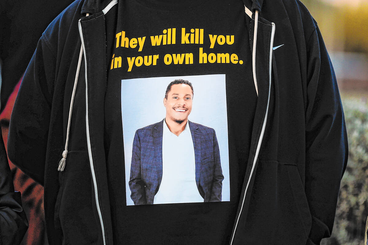 A shirt made for Brandon Durham, who was shot and killed in his home by a Las Vegas police offi ...