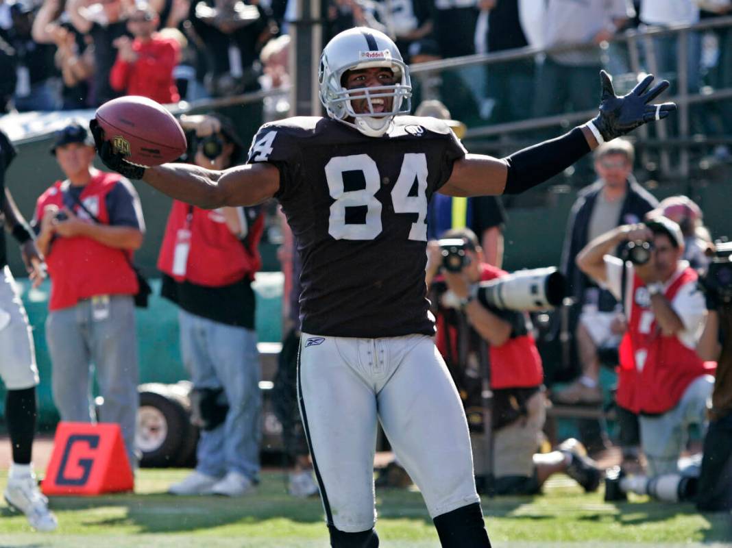 Oakland Raiders wide receiver Javon Walker celebrates after scoring against the New York Jets i ...