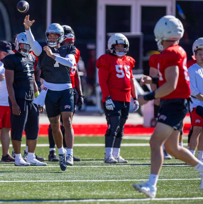 UNLV quarterback Cameron Friel (7) gets off a pass during football practice at the Fertitta Foo ...