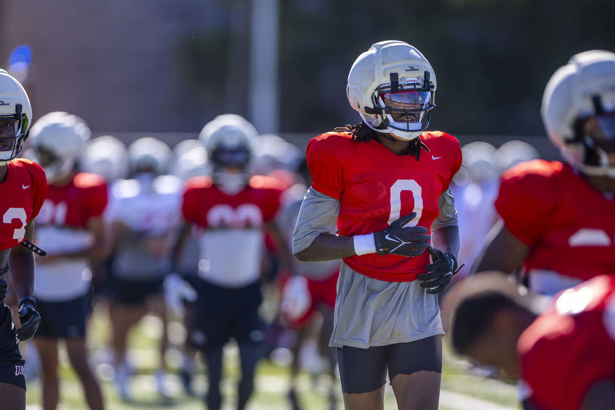 UNLV wide receiver Troy Omeire (0) runs up the field during football practice at the Fertitta F ...