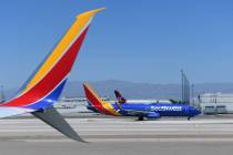 A Southwest Airlines jet taxis at Harry Reid International Airport Wednesday, June 18, 2025 in ...