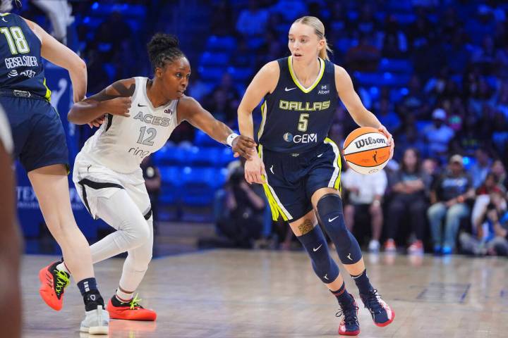 Dallas Wings guard Paige Bueckers (5) drives against Las Vegas Aces guard Chelsea Gray (12) dur ...