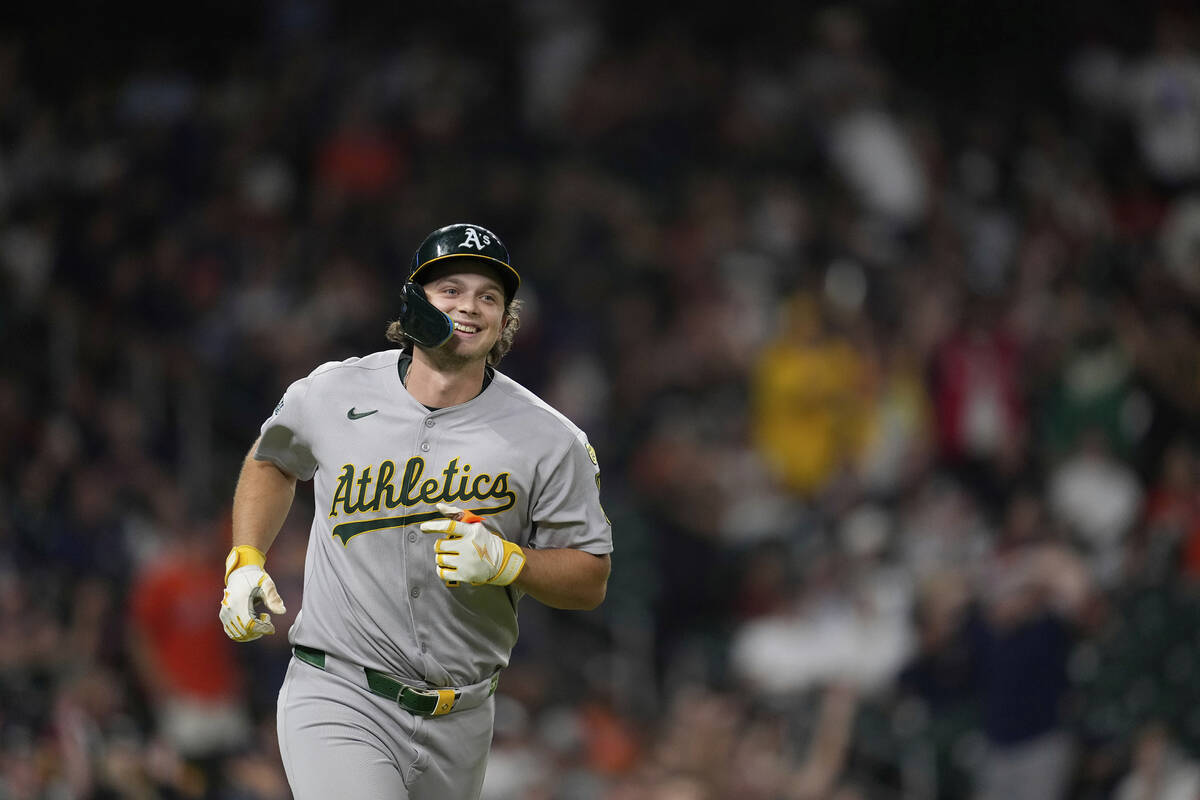 Athletics' Nick Kurtz smiles after hitting a three-run home against the Houston Astros during t ...