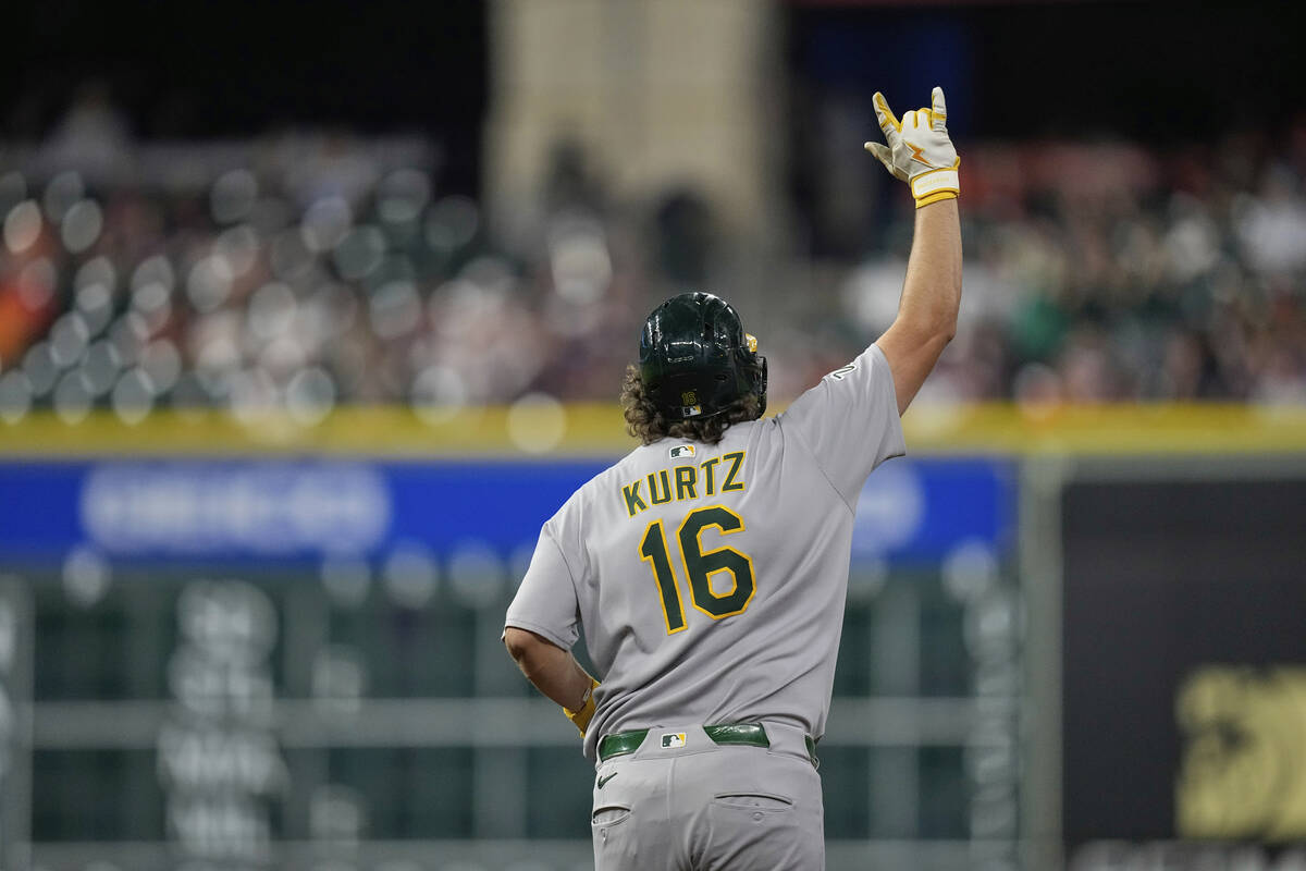 Athletics' Nick Kurtz celebrates after hitting a home run against the Houston Astros during the ...
