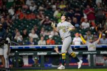 Athletics' Nick Kurtz celebrates after hitting a three-run home against the Houston Astros duri ...